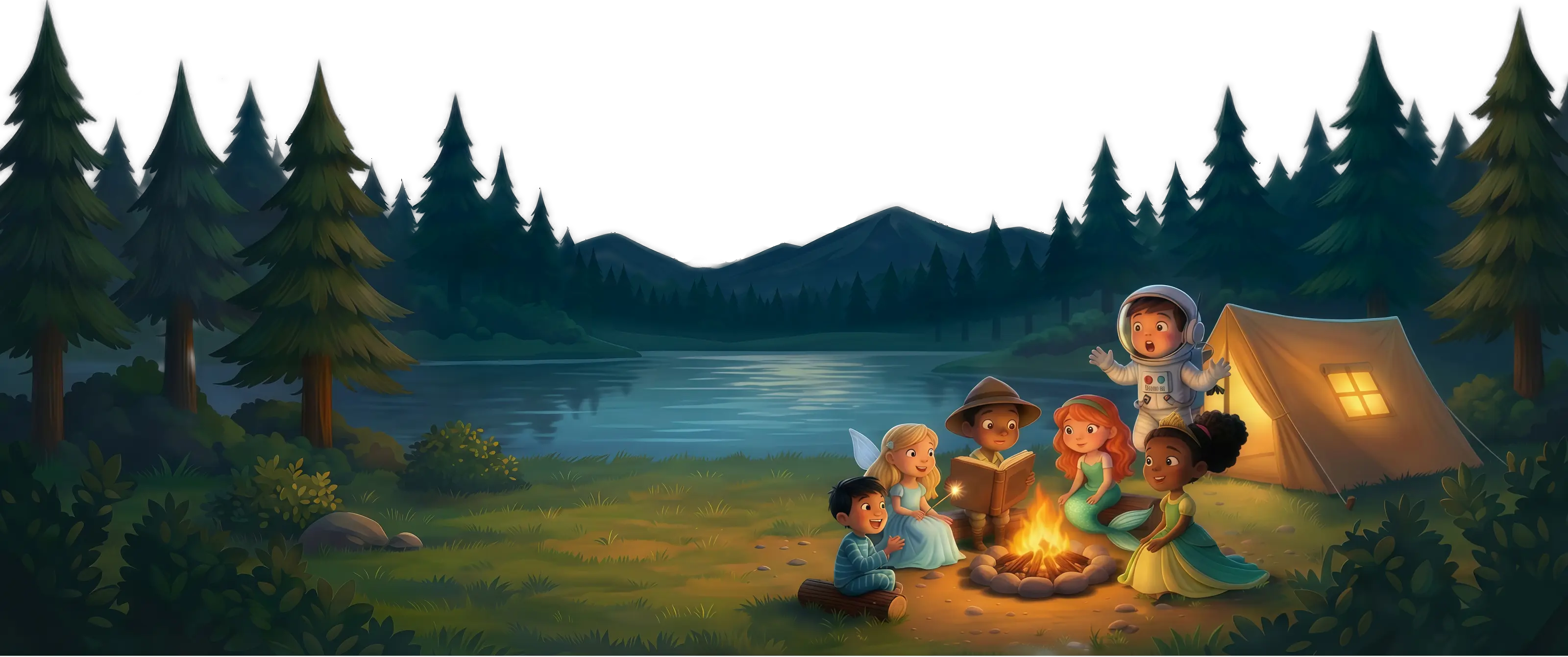 Stylized landscape with mountains and trees at night